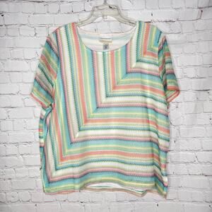 Alfred Dunner Wms 2X Pastel Striped Fine Mesh Short Sleeve Boxy Shirt Lined